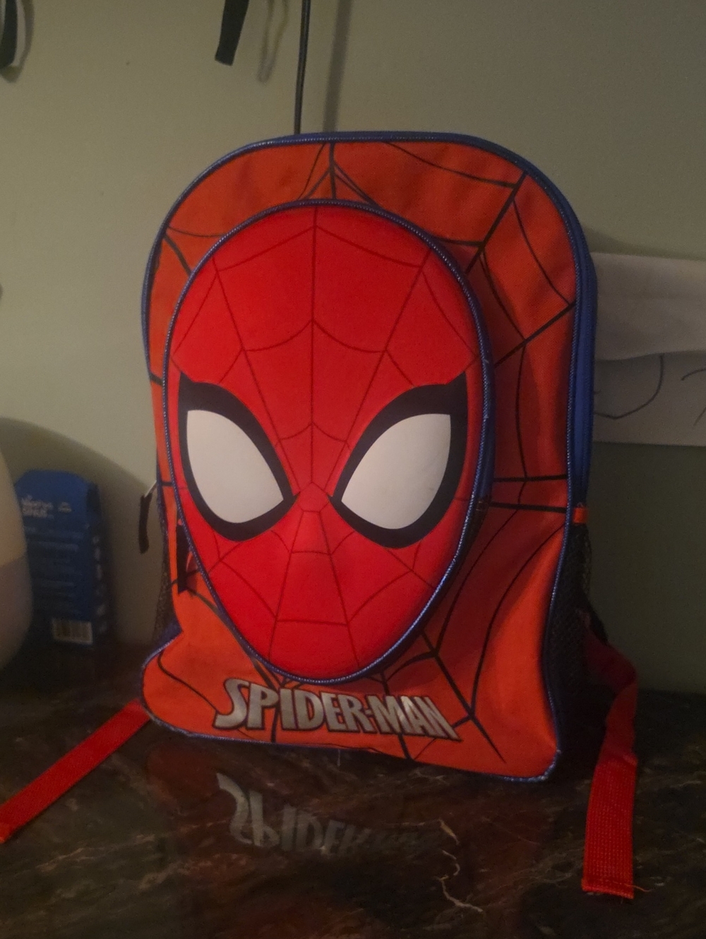 🚨 Spiderman Kids Red and Blue Backpack with Web Mask Graphic